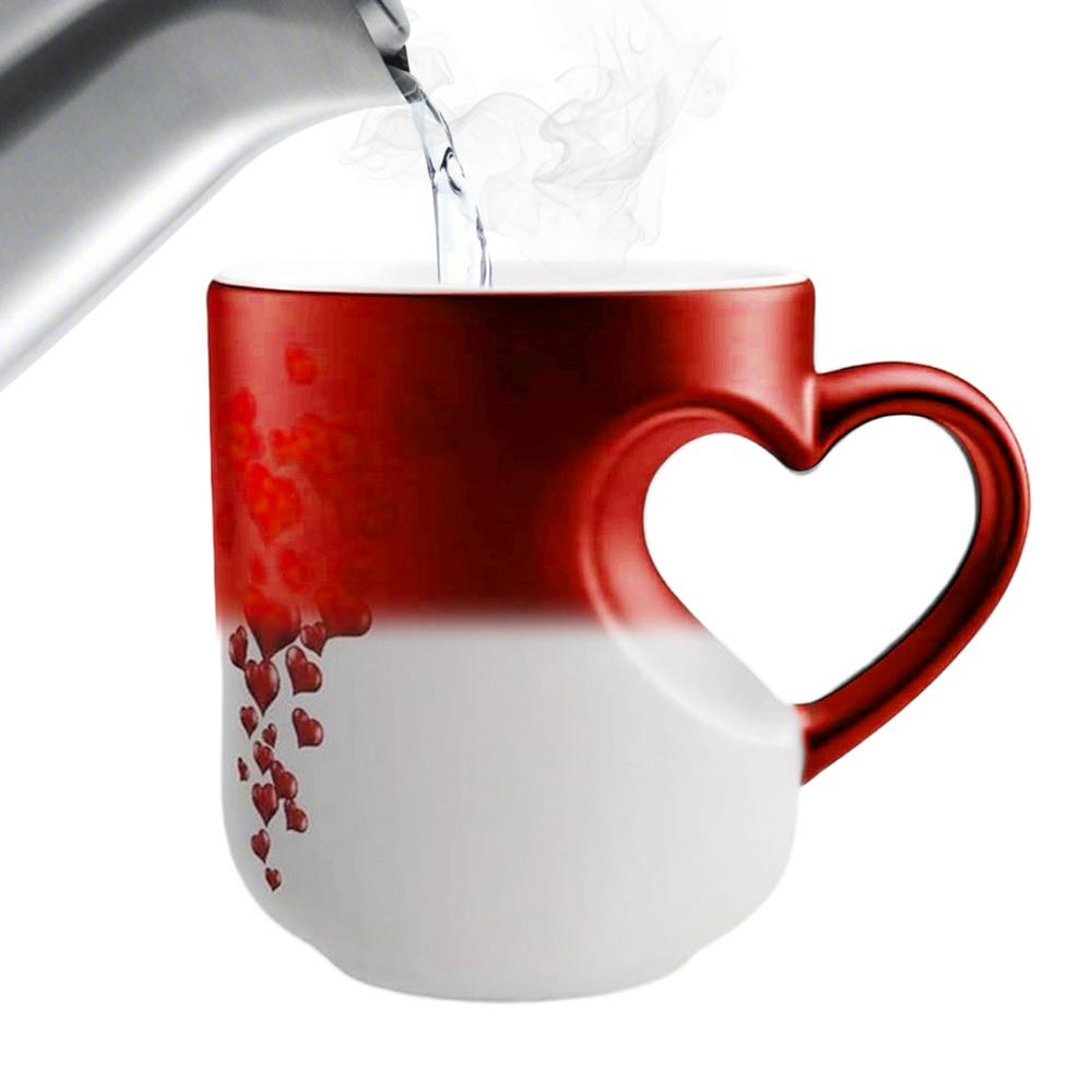 Color Changing Mug 325ml Heart Shape Beverage Cup Ceramic Novelty Coffee Cups with Handle Water Dispenser for Home Kitchen