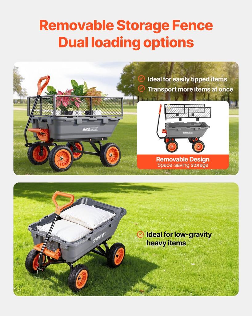 Garden Dump Cart, 362 kg Poly Dump Cart, Garden Carts Dumps Wagon with Storage Fence, 90° Quick-Dumps Mechanism, 180° Swivel Wheels, 90° Rotating
