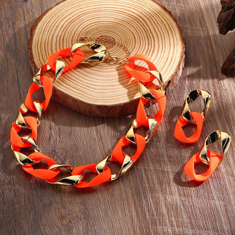 Fashion Simple Anti Tarnish Stainless Steel Jewelry Sets for Women,gold Plated Quality Resin Multi Color Necklaces/Earrings