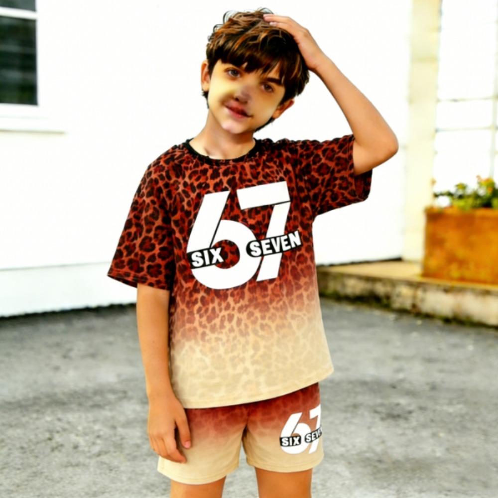 Fashion Leopard 67 Gradient Printed Men's T-shirt and Shorts 2 Piece Set Summer Casual Outfit for Men's and Women's Clothing Top