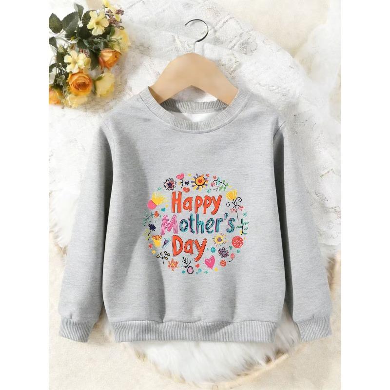 Unisex Kids Crewneck Sweatshirt, Colorful Floral Happy Mother's Day Print Pullover, Boys Girls Holiday Casual Sweatshirt For Kids Over 4 Years Old