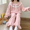 Herbst Winter Plüsch Pyjama für Damen Rundhals Spitze Langarm Damen 2-teiliges Set Süße Einfarbig Prinzessin Homewear