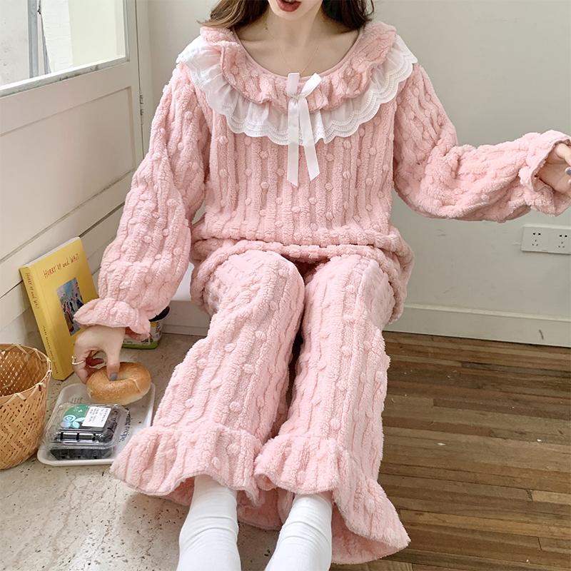 Pijamale de Pluș Toamnă Iarnă pentru Femei Gât Rotund Dantelă Mânecă Lungă Set 2 Piese pentru Femei Dulce Culoare Solidă Prințesă Haine de Casă