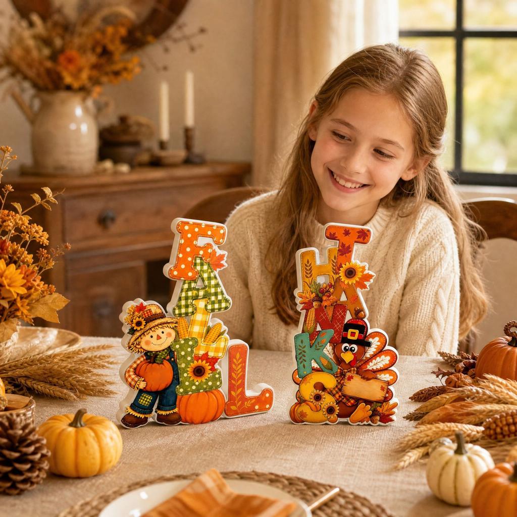 Fall Thanksgiving Table Decor, Wooden and Turkey Figurine for Home Decor