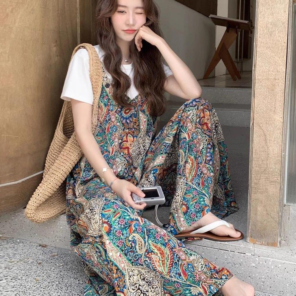 Retro Bohemian Patchwork Wide-Leg Jumpsuit for Women - Strappy, Casual, and Versatile Summer Style