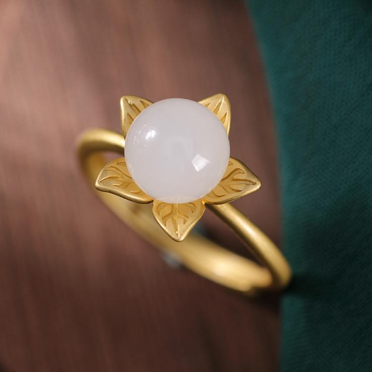 New   Natural Hetian Jade Lotus Handmade Female Model Atmospheric Retro Temperament Open Ring
