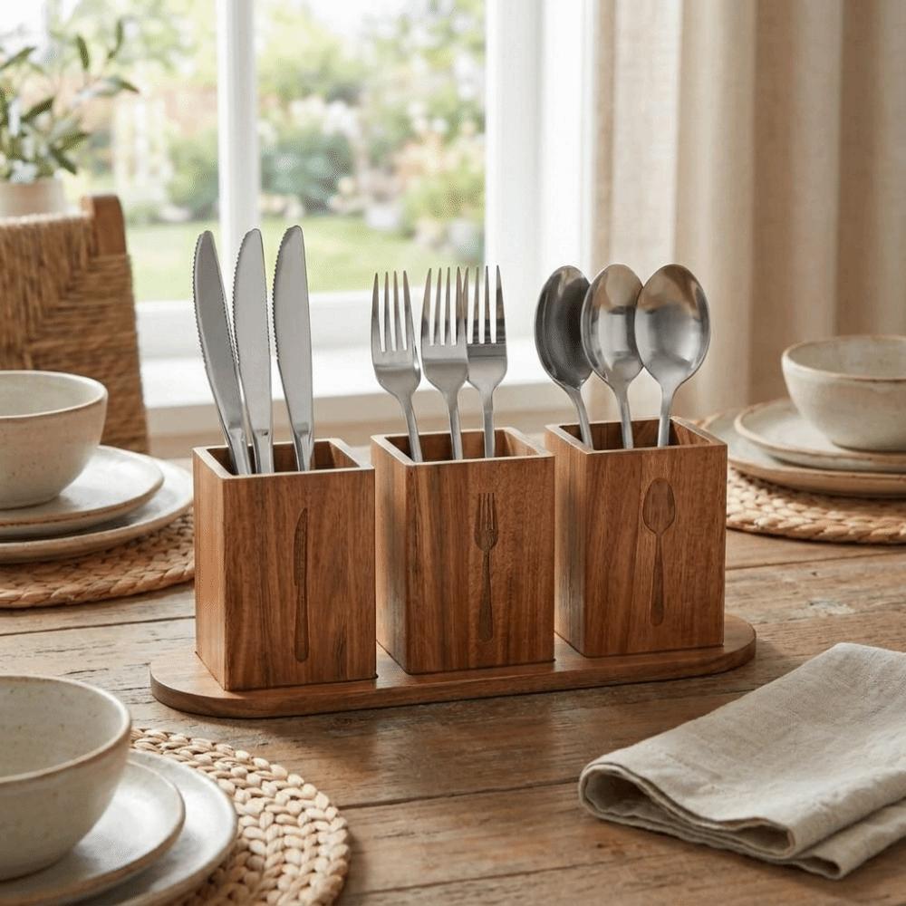 Space Saving 3 Compartment Cutlery Holder Wooden Flatware Organizer  Farmhouse