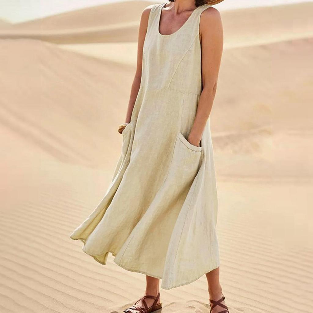 Women's Fashion Casual Solid Colour Sleeveless Cotton Linen Pocket Dress