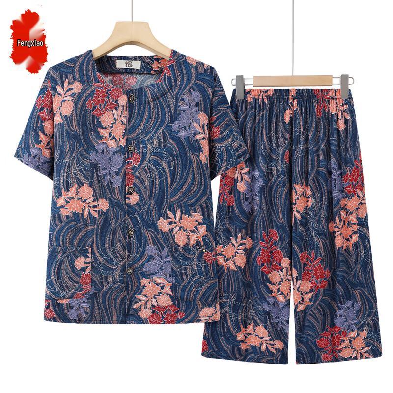 Elderly Women s Summer Cotton-Blend Floral Set 4XL