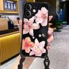 Wrist Strap Phone Case for iPhone 17 Pro Max 16 15 14 12 Pink Lily Flower Silicone TPU Soft Bumper Lanyard Strap Rope Cover Bags