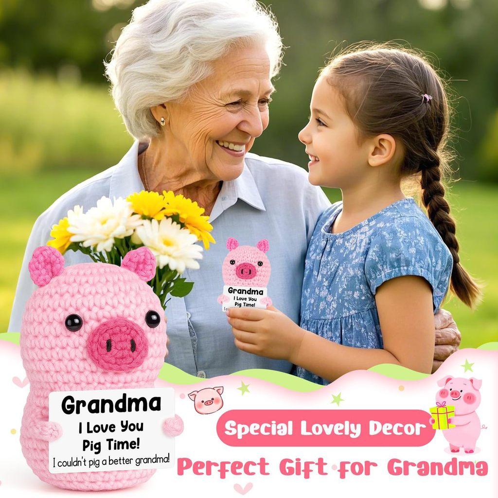 Pink Cute Pig Positive Crochet Animals Doll With Card Desktop Ornament Emotional Support Handmade Knitted Cheer Up Toy