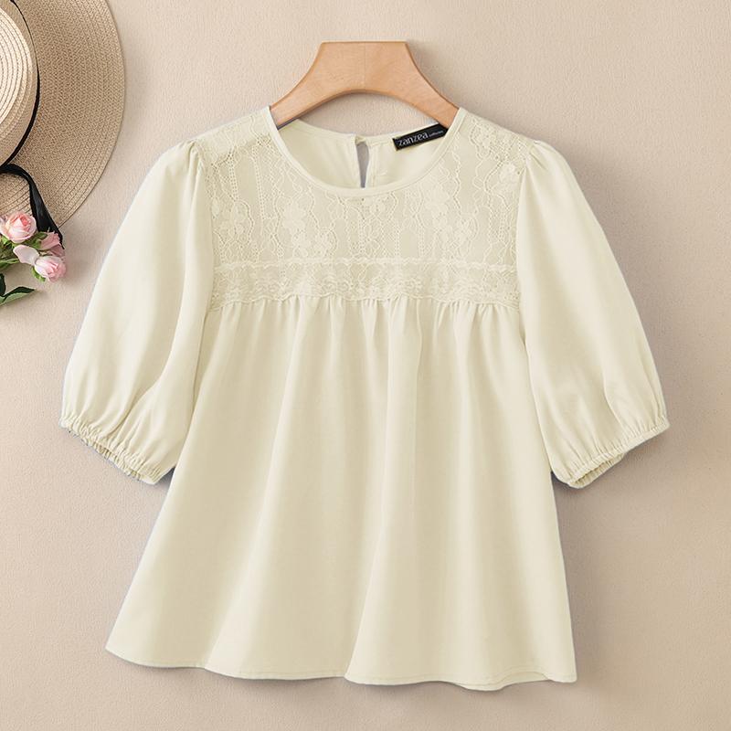ZANZEA Women Sheer Lace Patchwork Casual Round Neck Short Sleeve Blouse M абрикосовый