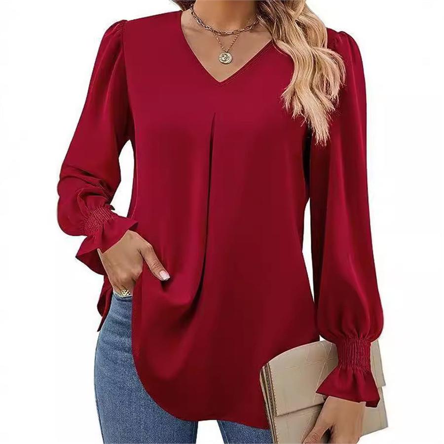 Women's Fall New Arrivals Solid Sheer Chiffon Shirt V-Neck Sleeveless Bell Sleeve Long Sleeve Top Blouse