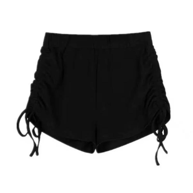 Women Summer Beige Drawstring Side High Waist Casual Pocket Shorts