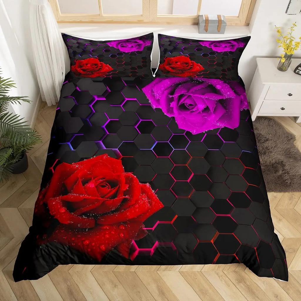 Honeycomb Duvet Cover Set Queen Size Geometry Hexagon Theme with Pink Blue Neon Lights Chic Comforter Cover for Boys Teen Man