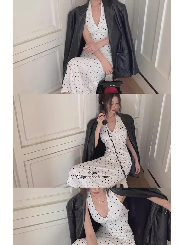 Women's 2025 French Seaside Halter Backless Polka Dot Maxi Dress