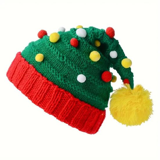 Christmas Knitting Hat Red Green Patchwork Color Knitted Wool Ball Decoration Holiday Hat Festive Party Wear