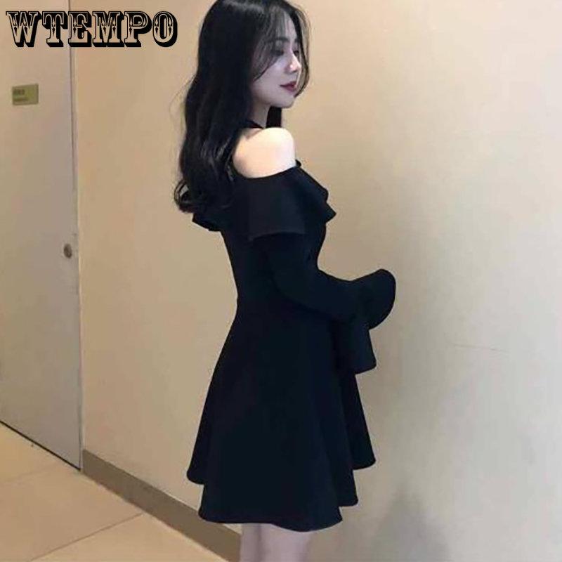 WTEMPO Ladies Long Sleeve Black Dress Women Solid Off Shoulder All-match Spring Elegant A-line Sexy Party Mini Dress