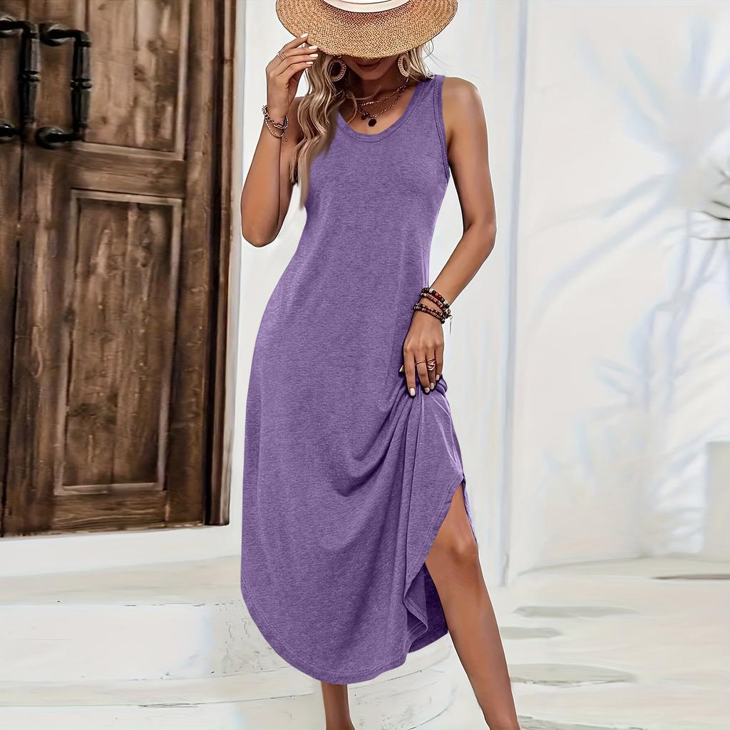 Ärmelloses lässiges Midi-Kleid in einfarbiger Ausführung mit lockerem Schnitt und seitlichem Schlitz, bequemes Sommerkleid für Damen