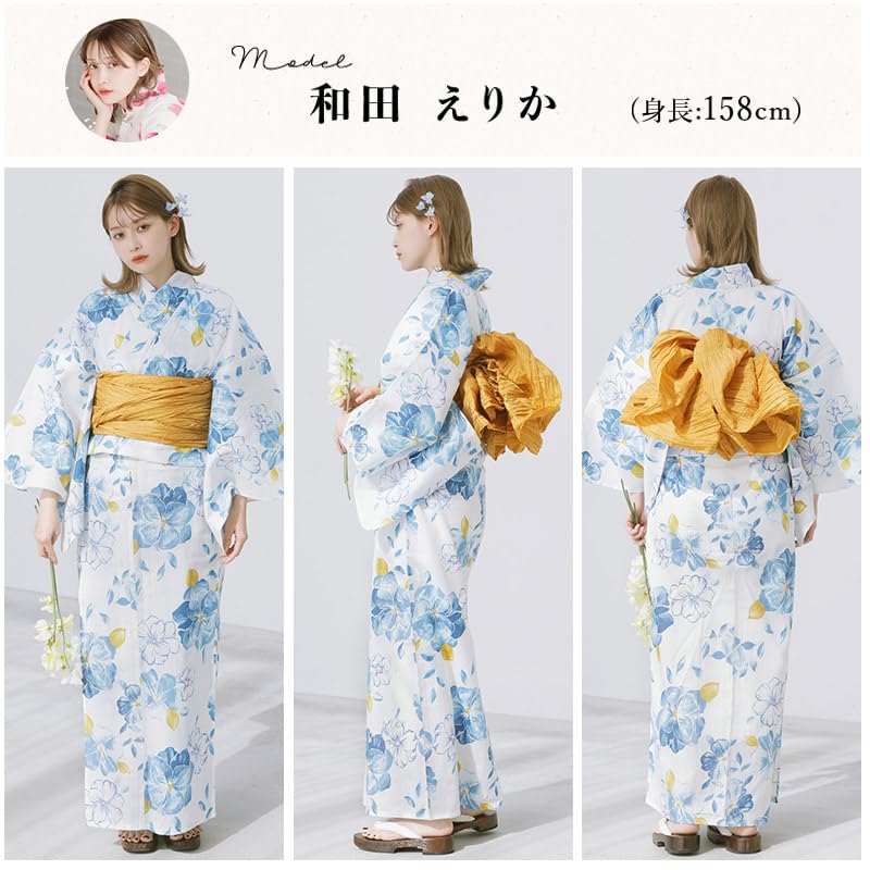 Dita Yukata Set with Obi In Light and Features a Watercolor and Transparent Floral Elegant and Easy To Dress No Hana Free Women's 5-Piece (Heko) Blue,