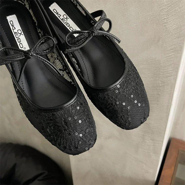 Damen Frühling Sommer Mary Jane Schuhe Ballerinas Atmungsaktives Mesh Stickerei Flats Süße Schleife Weibliche Tägliche Gehsandalen