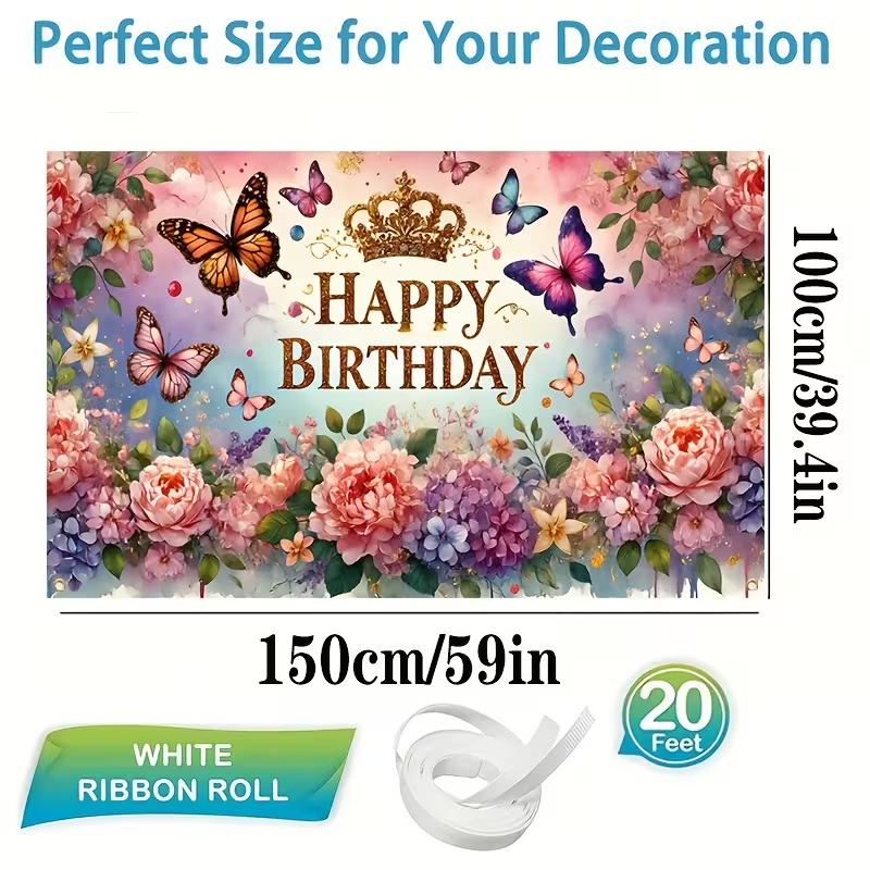 

2D Pink Purple Watercolor Happy Birthday Backdrop Banner with Butterflies 47.2x31.5inch/120*80cm