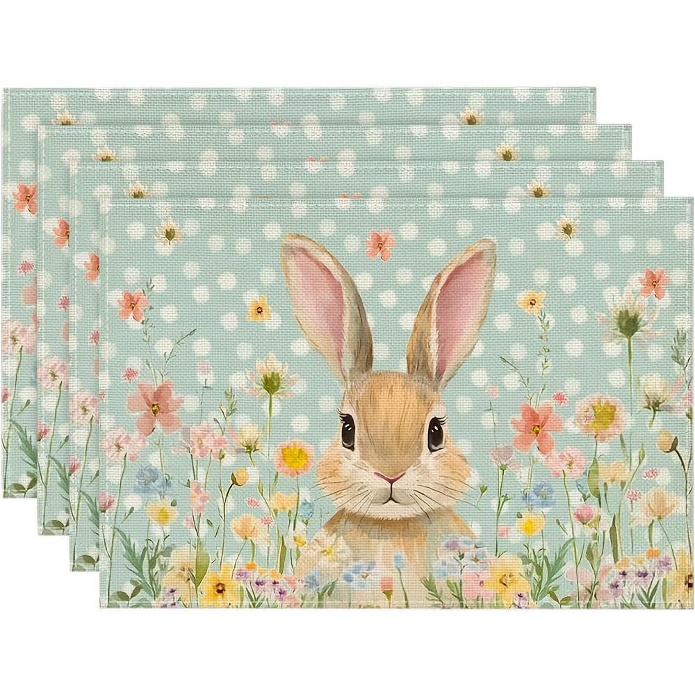 

Easter Bunny Placemats Set of 4 with Floral and Polka Dot Design Linen Table Mats for Spring Holiday Party Decor 4Pcs-30X45cm(12X18in