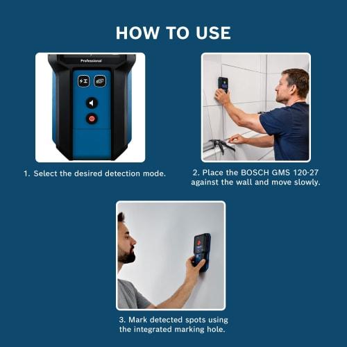 Bosch Professional Digital Detector GMS120-27 [Detects Substrates, Metals, Behind Walls, Non-Ferrous Metals, Live Wires, and Wood, Dustproof and Water