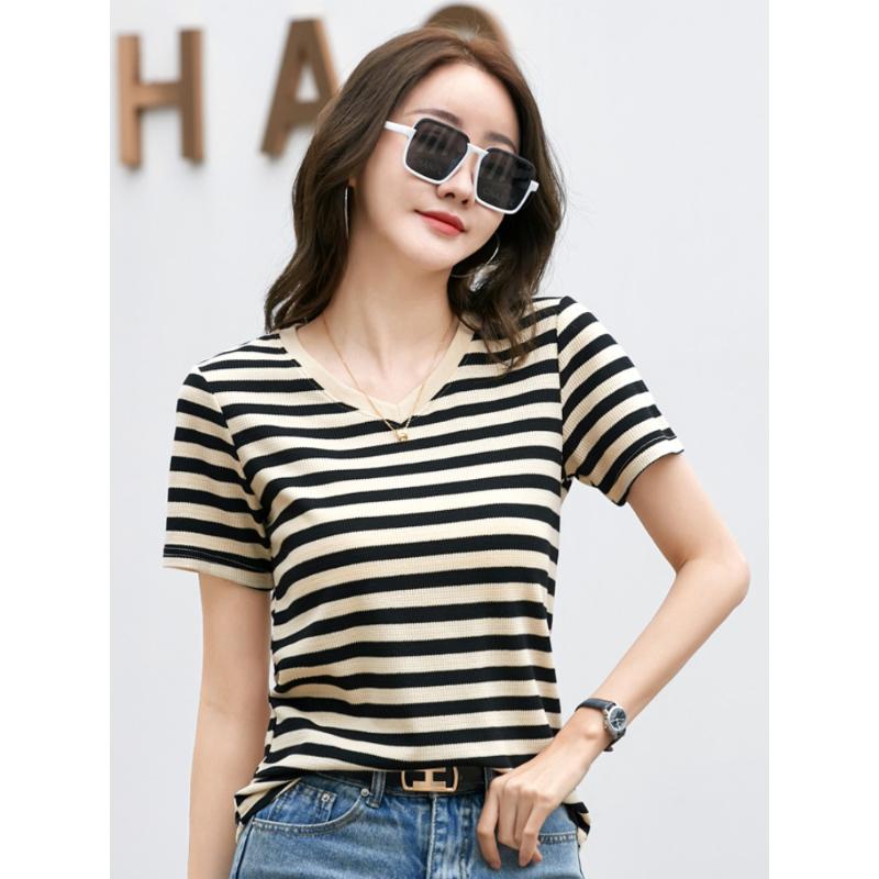 Women's V-neck T-shirt solid color loose short-sleeved striped casual style XS size for summer leisure tops