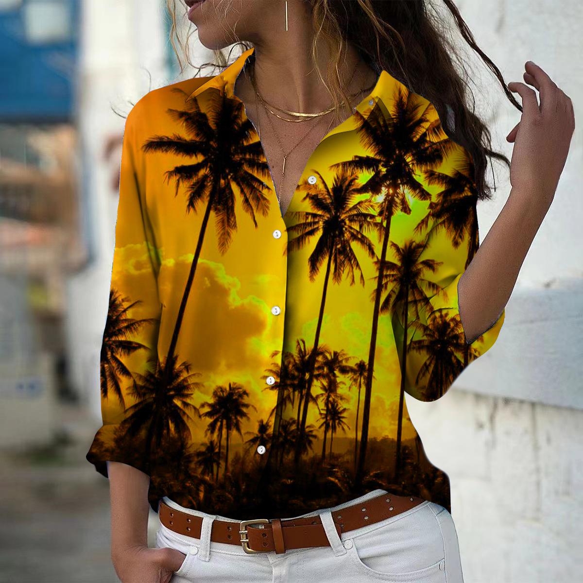 

Кокосовая пальма Принт Женская блузка Весна Осень Femme Офисные Дамы Застежка на пуговицы Отложной воротник Рубашки 5XL жёлтый