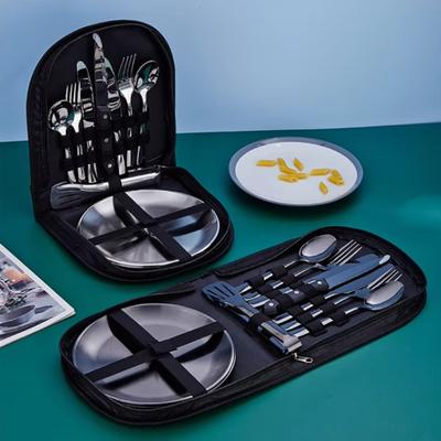 Juego de utensilios para picnic para 2 personas con plato, cuchara, cuchillo, tenedor, vajilla para picnic al aire libre, juego de vajilla para acampar