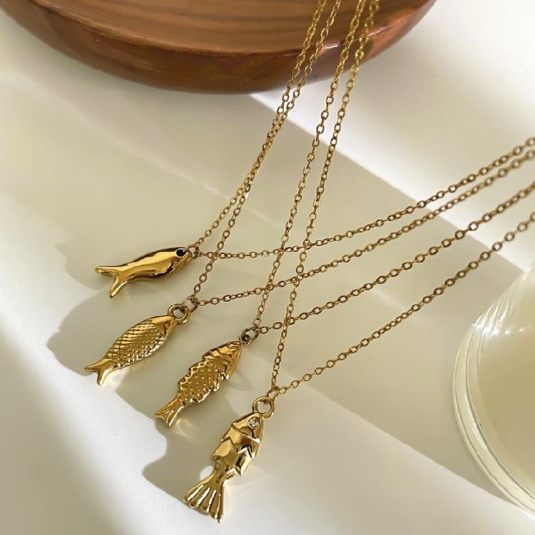 Elegant Adjustable Fish Pendant Necklace Set Sturdy Stainless Steel Chain Jewelry for Women Beach Party Casual Wear