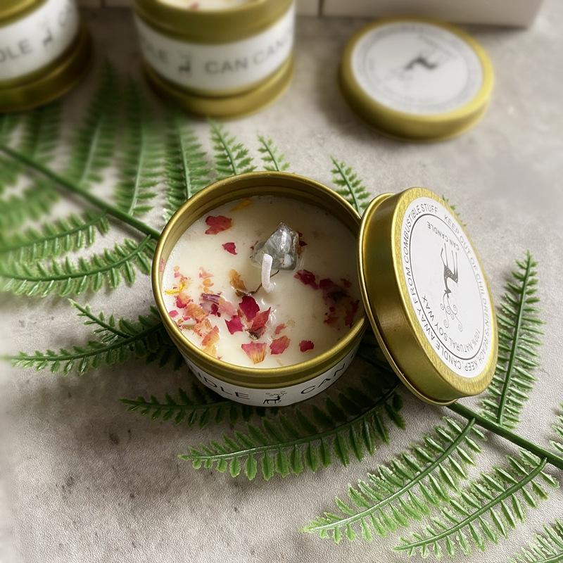 Golden Tin Box Aromatherapy Candles Crystal Salt Stonedried Flower Scented Soy Wax Smokeless Candle Home Decoration