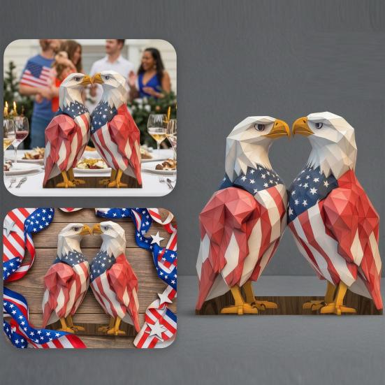 Tabletop 2D Wooden Bald Eagle Figurine, 4th of July Patriotic Eagle Statue with Base for Independence Day Home Table Decor
