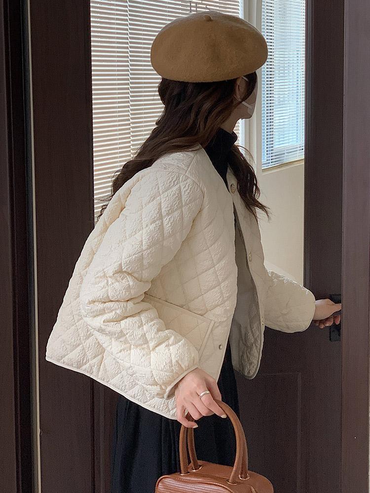 Women's Autumn Winter O Neck Long Sleeve Button Big Pocket Short Warm Parka Chic Jacket