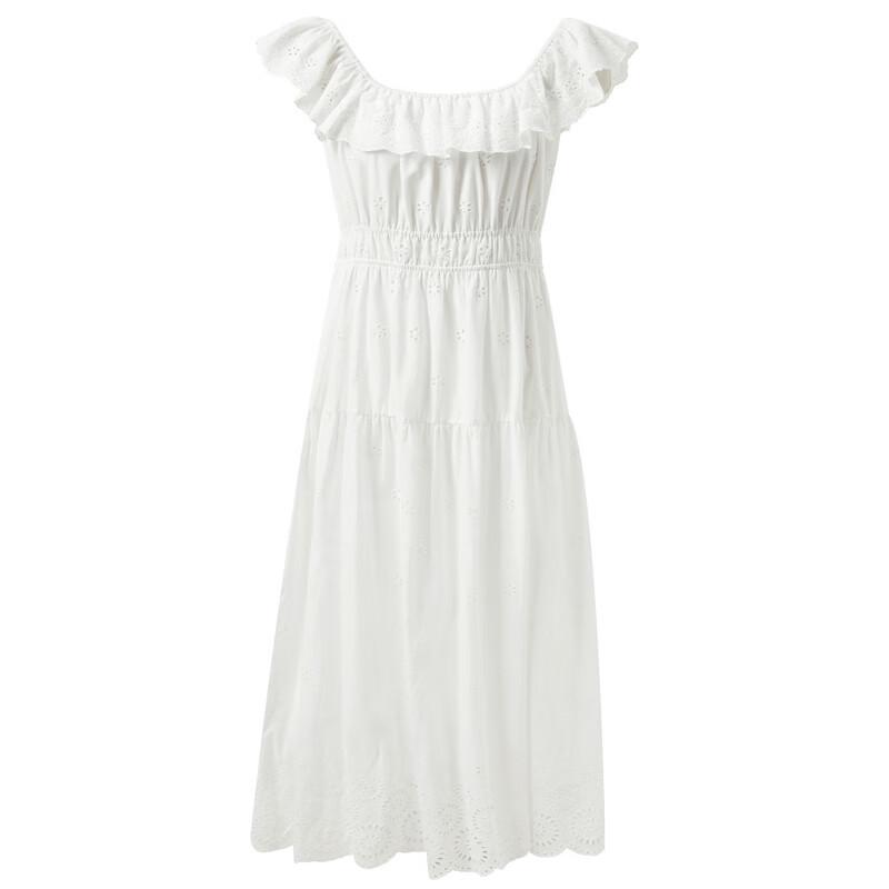 Sancai 2025 Summer French Embroidered Ruffle A-Line White Maxi Dress