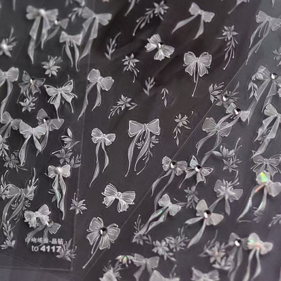 Crystal Diamond Shell Light White Bow Nail Stickers Ins Pearl Elegant Tassel Long Bow Nail Decoration