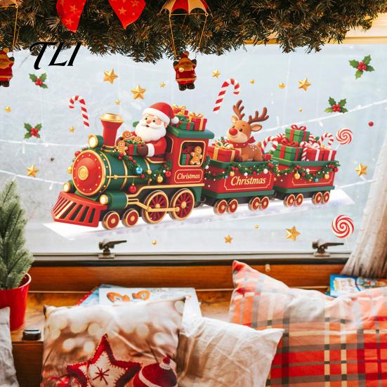 Christmas Window Clings Train Wall Sticker, Santa Claus Reindeer Decals, Self Adhesive Holiday Mural Murals, Removable PVC Art Decor for Home