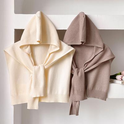 Latest Solid Color Knitted Shawl Summer Air Conditioning Knit Hooded Hat Thin Knotted Cape Shoulder Scarf For Women