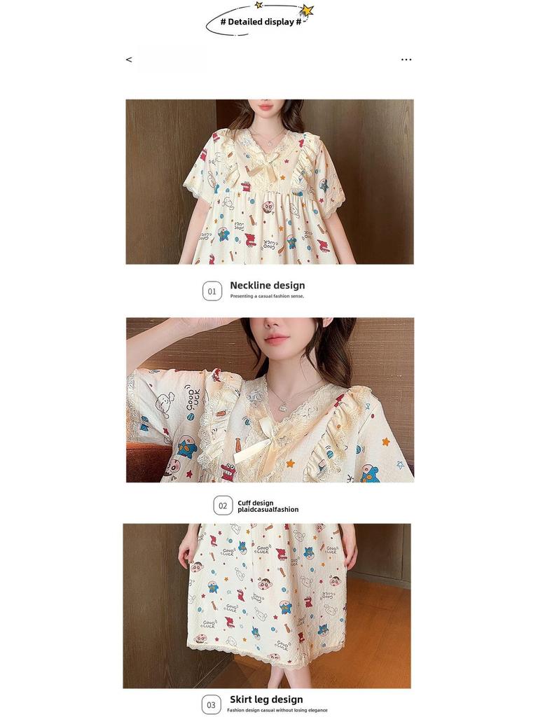 Słodka, letnia koszula nocna w stylu księżniczki z kreskówek, duży rozmiar, krótki rękaw, średnia długość