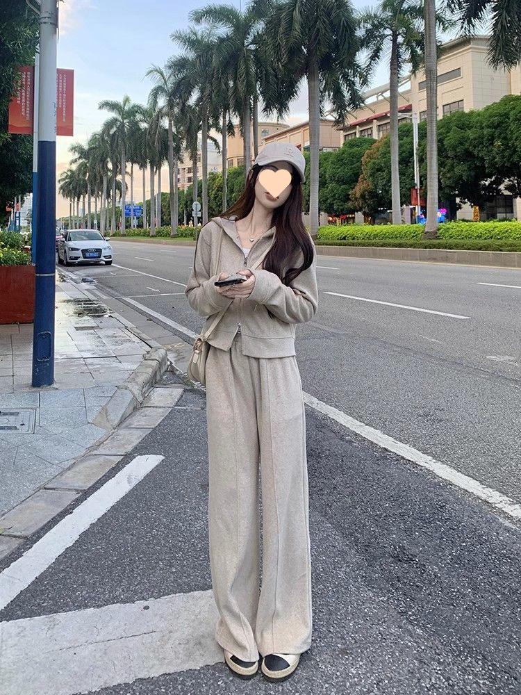 Women's Two-Piece Hooded Zip-Up Sweatshirt & Wide-Leg Pants Set - Casual, Loose Fit for Spring & Autumn, Trendy Korean Style