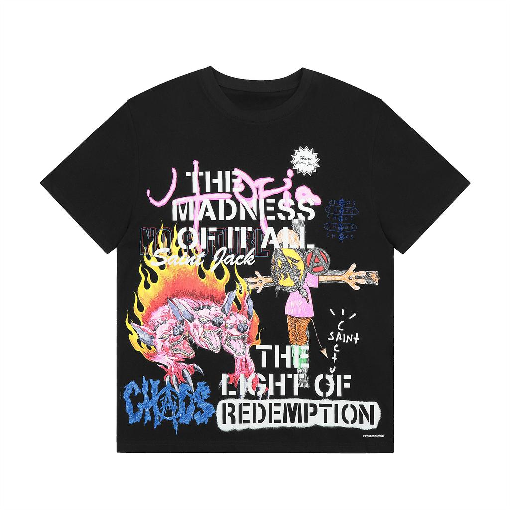 Gothic American Style Trendy Creative Graffiti Printed T-shirt for Men Pure Cotton Round Neck Harajuku Couple Short Sleeved Top