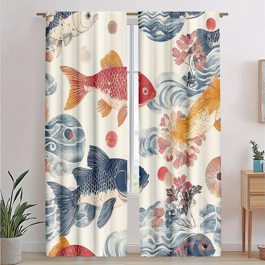 Set Of 2 Decorative Curtainshandcrafted Noren Curtains Ukiyoe Wave Fish Room Divider Curtain Made Polyester