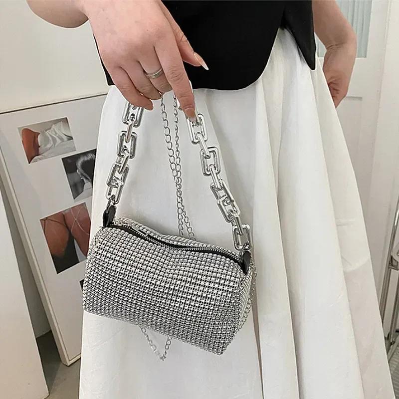 Bøtteveske med strass overalt, Glitterkjede ballveske, Mini crossbody-veske for kvinner