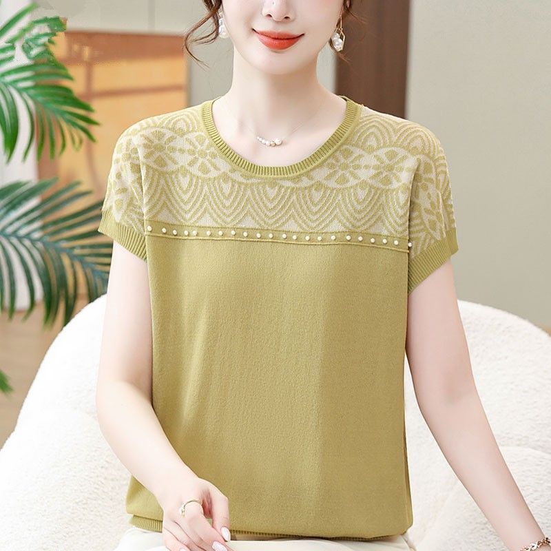 Summer Clothes Imitation Ice Silk Short Sleeved T-shirt Top, Fashionable Knitted Sweater for Women
