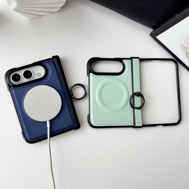 Plain Leather Business Magnetic Phone Case For iPhone Duo 18 With Ring Buckle Multifunctional Protect Phone Cover For Magsafe