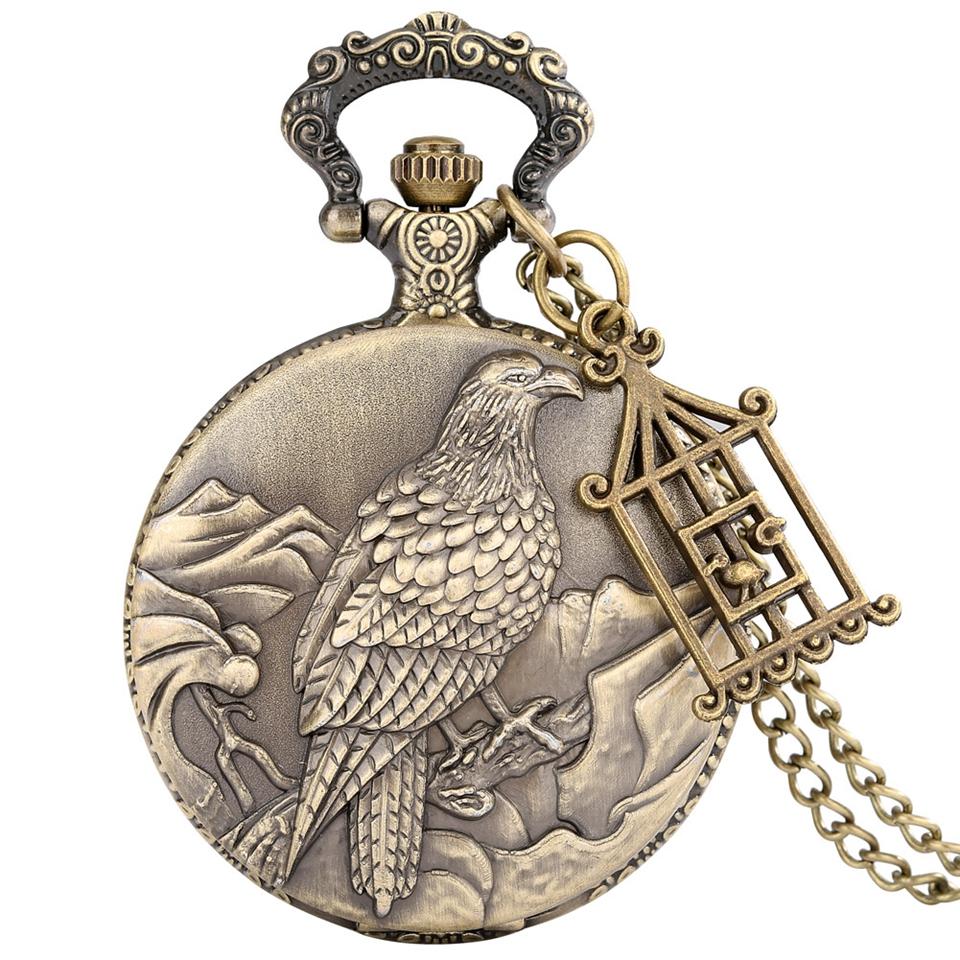 Two Little Birds Retro Style Quartz Pocket Watch Chain Steampunk Necklace Pendant Fob Watch Animal Clock with Birdcage Accessory