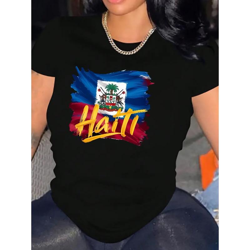 T-shirt Casual da Donna con Stampa Lettere Bandiera Haiti Taglia Europea - Misto Poliestere Lavorato a Maglia, Girocollo, Manica Corta, Tessuto Elasticizzato, Top Versatile per Ogni Stagione