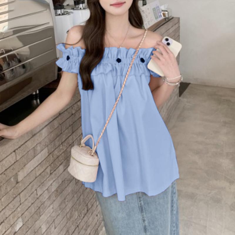 

VONDA Женские летние блузки с коротким рукавом и оборками на открытых плечах 5XL синий