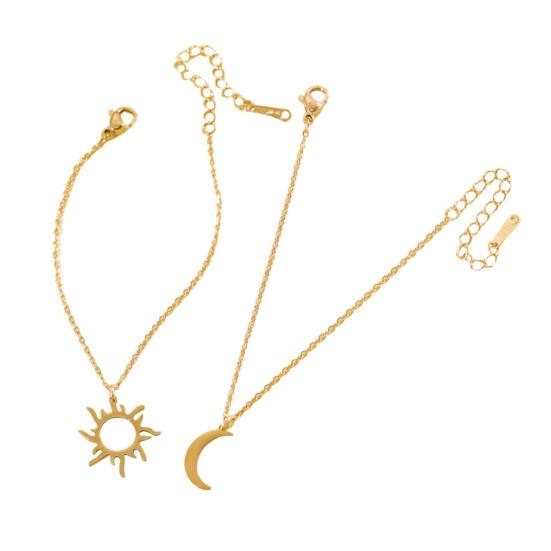Women Adjustable Bracelet Asymmetrical Sun Moon Design Long Pendant Drop Earrings Face Slimming Jewelry